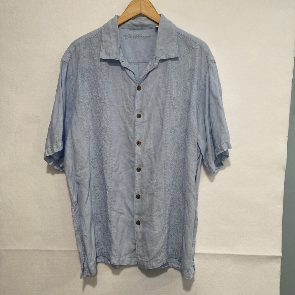 Caribbean Men's Linen Pale Blue Embroidered Button Up Shirt Sz‎ XL - Picture 1 of 10